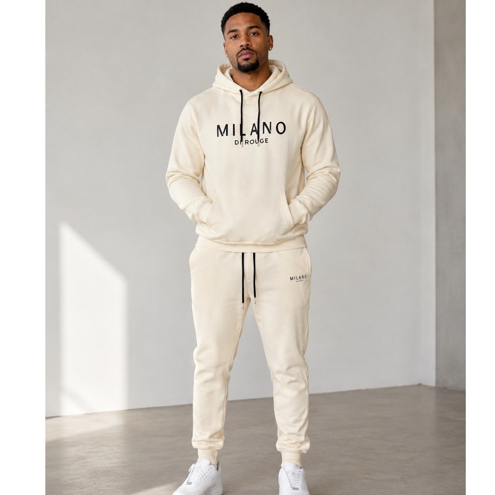 Milano Di Rouge Mens Tracksuit Set Cream Hoodie Joggers XL Streetwear Logo